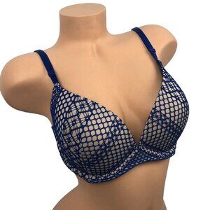 Victorias Secret 34DD Lace Very Sexy Lightly Lined Plunge Bra Unpadded Blue Nude